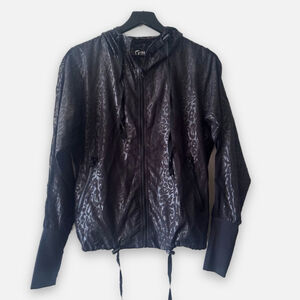 Zyia Active Black Leopard Windbreaker Jacket Small Zip-Up Hooded
